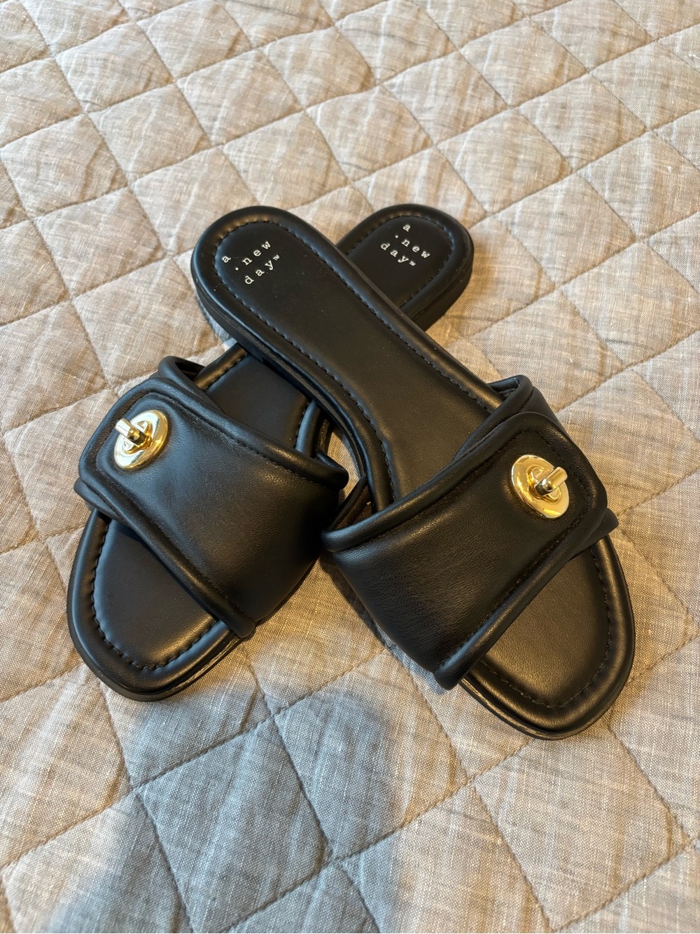 a new day Black Slide Sandals with Gold Turn-Lock Accent